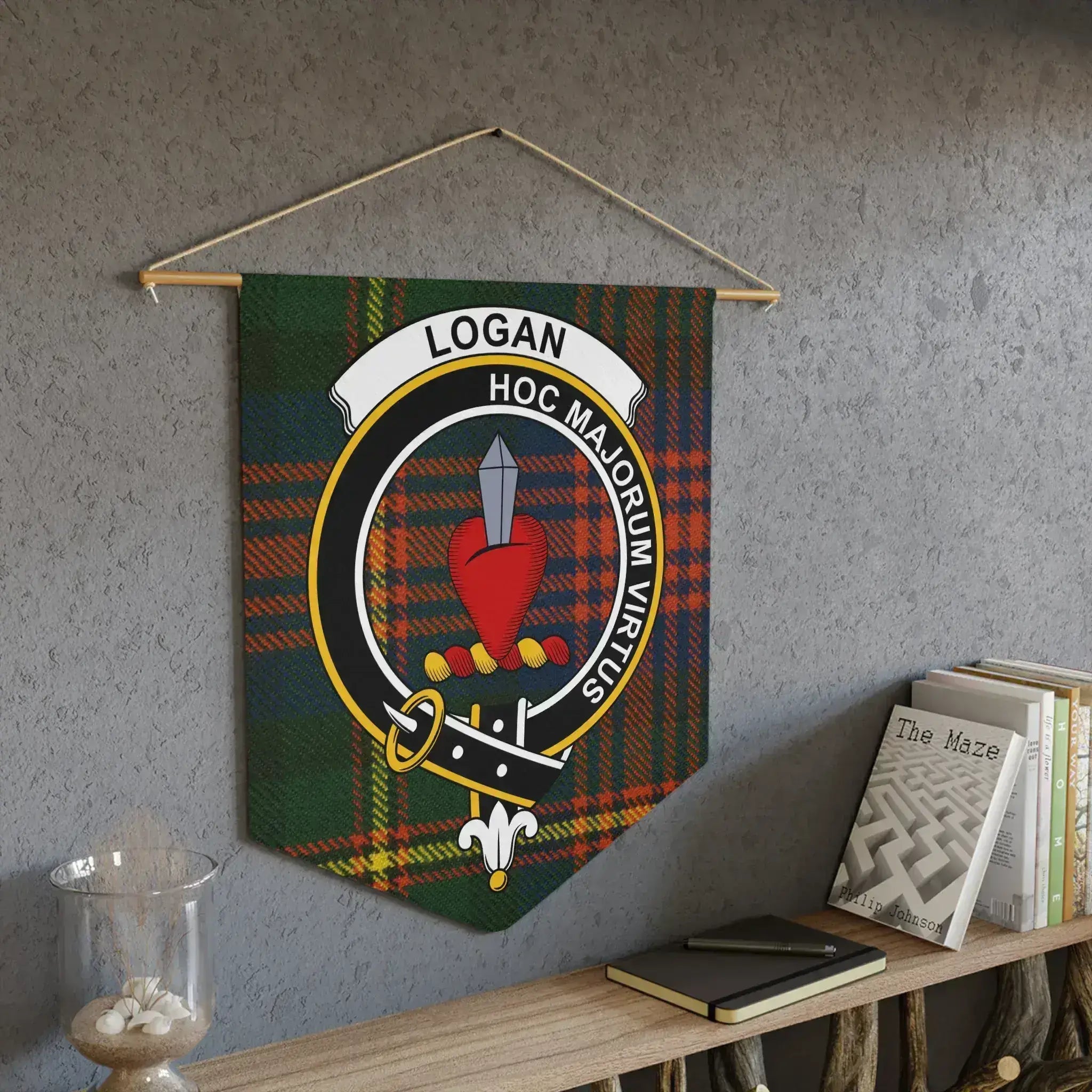 Logan Hoc Majorum Virtus tartan wall hanging — 18x21 clan crest heraldic design