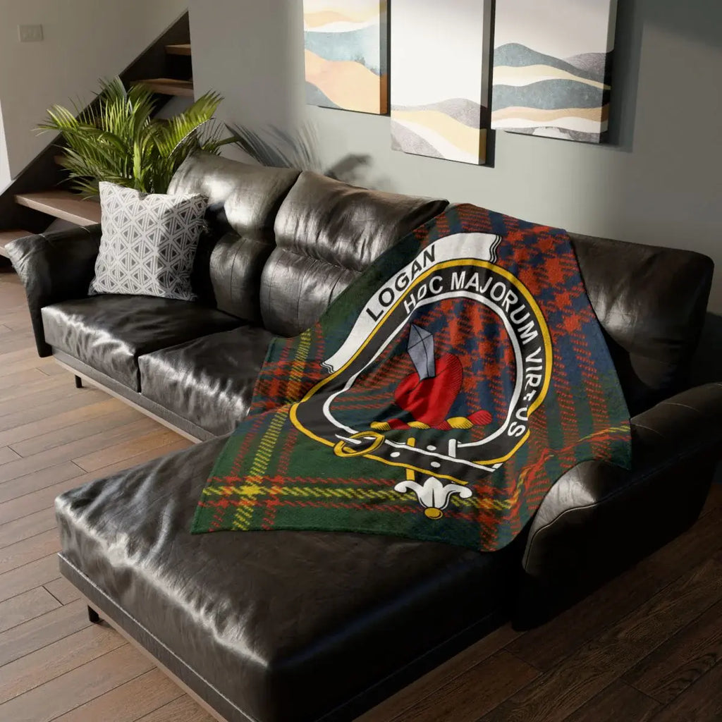 Logan clan crest tartan throw blanket — 50x60 polyester, Hoc Majorum Virtus heraldic design
