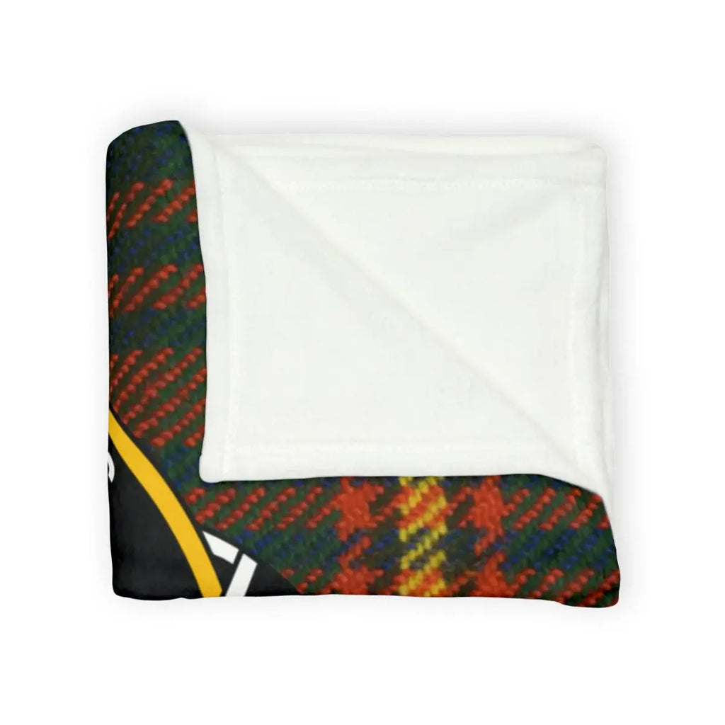 Logan clan crest throw blanket laid flat — cosy tartan plaid on 100% polyester