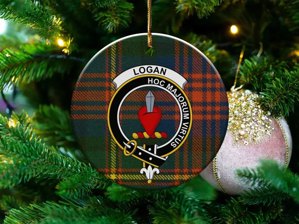 Logan clan crest Christmas tree ornament — 3-inch round glossy disc with tartan heraldic design