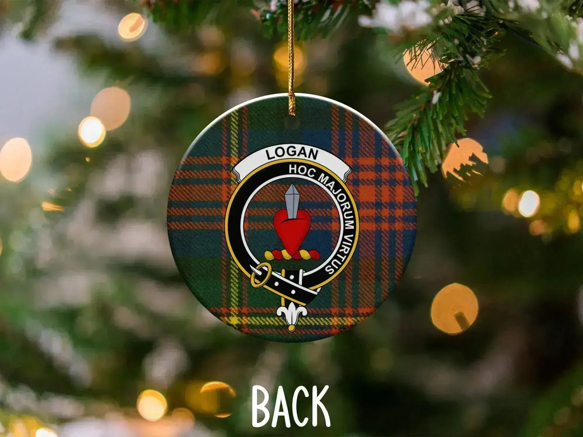 Logan clan Scottish tartan Christmas ornament — 3-inch ceramic disc, gold hanging string
