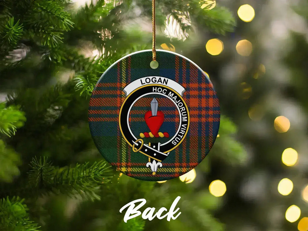 Logan clan crest tartan ornament back view — double-sided glazed ceramic, 3-inch disc