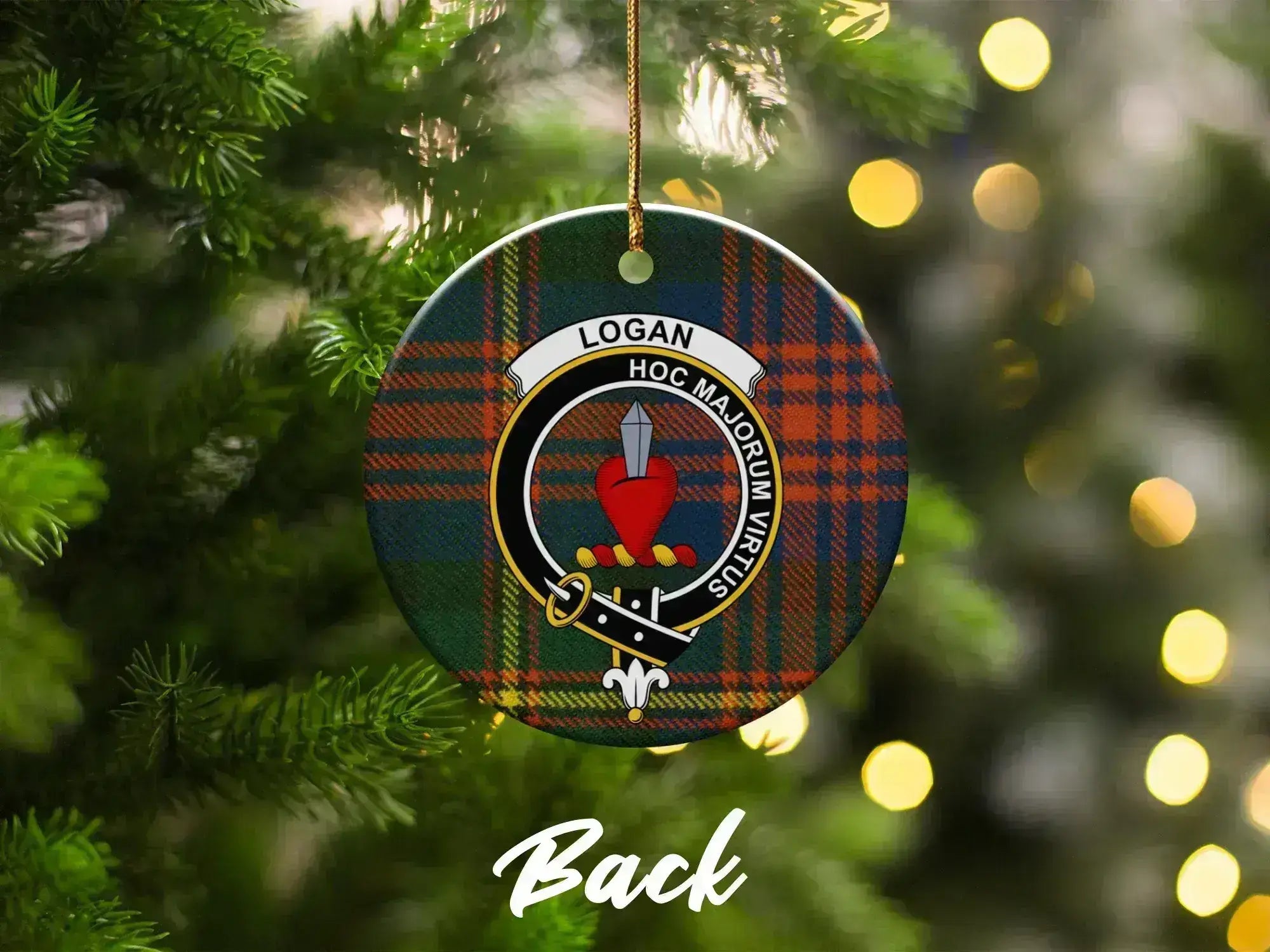 Logan clan crest tartan ornament back view — double-sided glazed ceramic, 3-inch disc