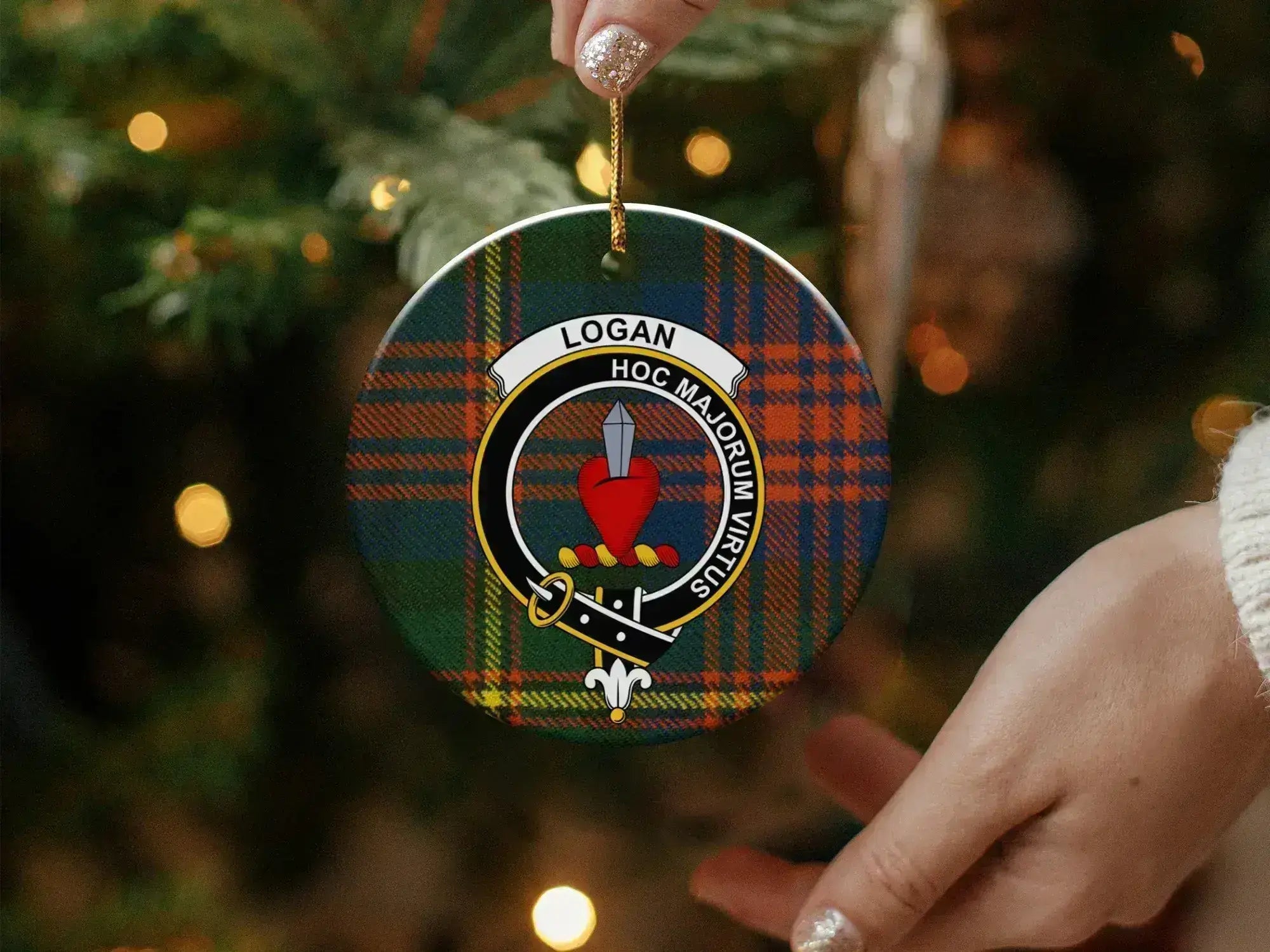 Logan Hoc Majorum Virtus plaid ornament — glossy finish, double-sided 3-inch ceramic disc