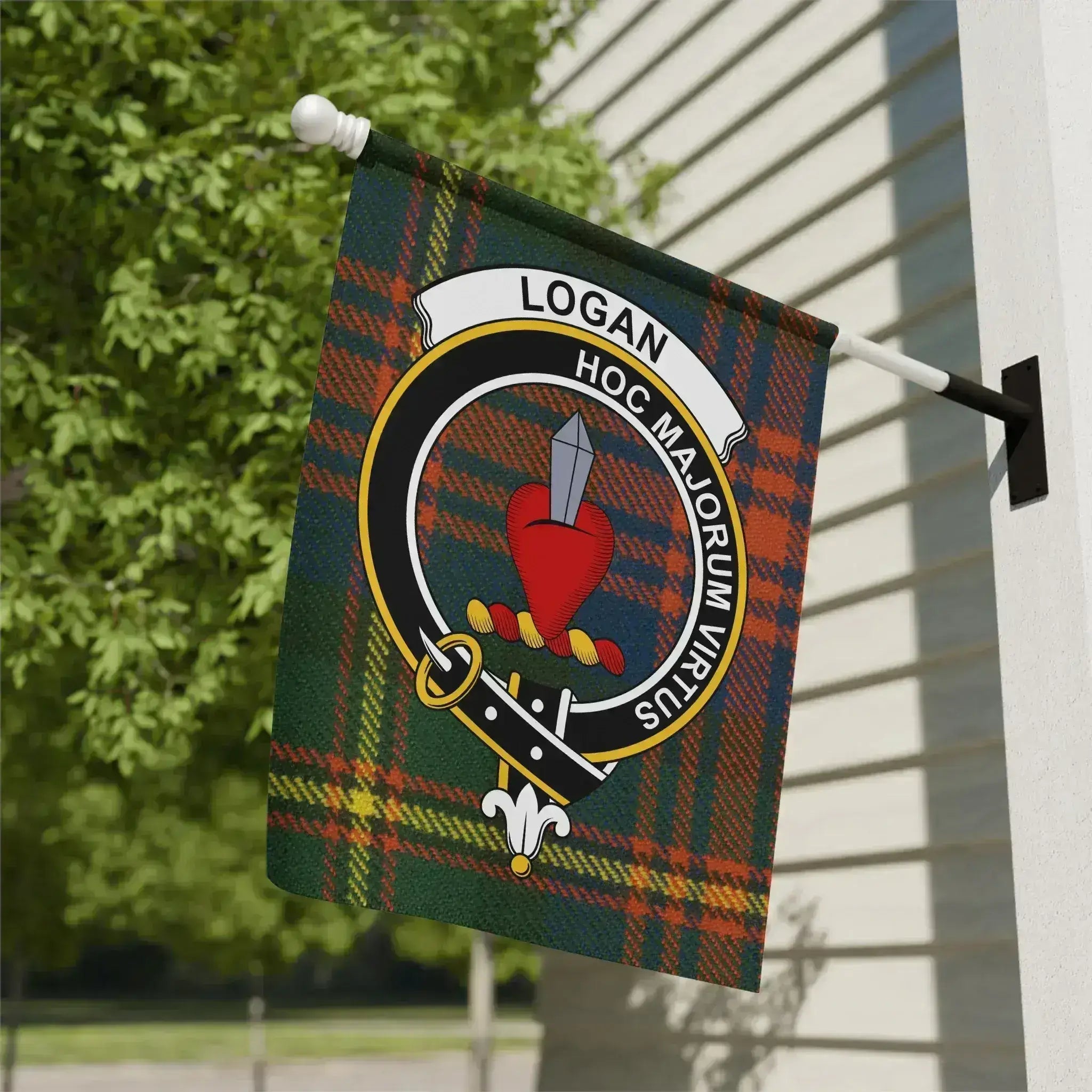 Logan clan crest tartan garden flag 12x18 inches — poly poplin-canvas with Hoc Majorum Virtus design