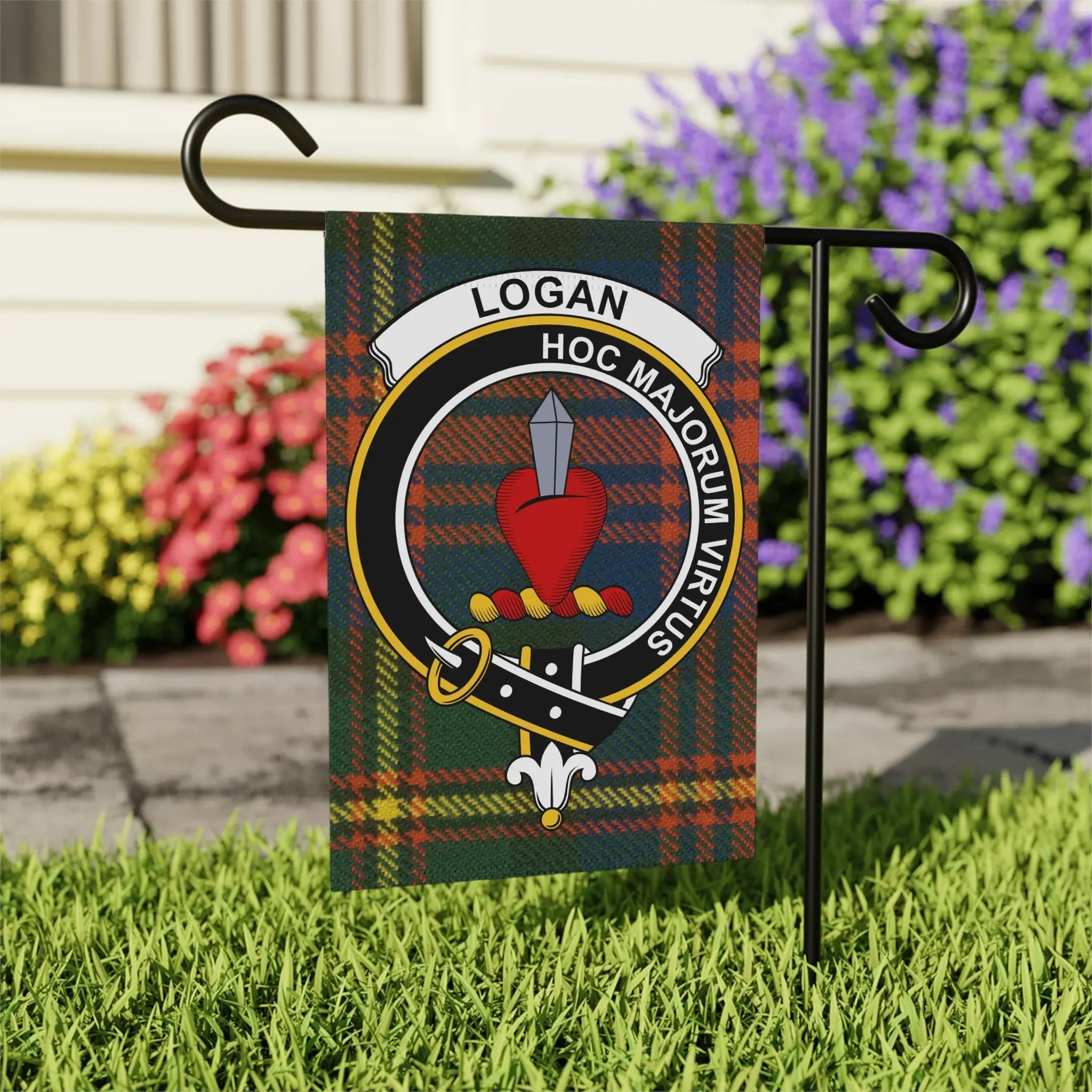Logan Hoc Majorum Virtus garden flag 24x32 inches — clan crest on larger outdoor size