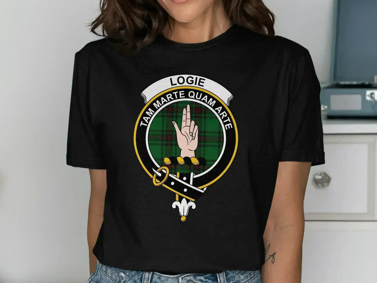 Logie clan crest T-shirt with Tam Marte Quam Arte motto and tartan design