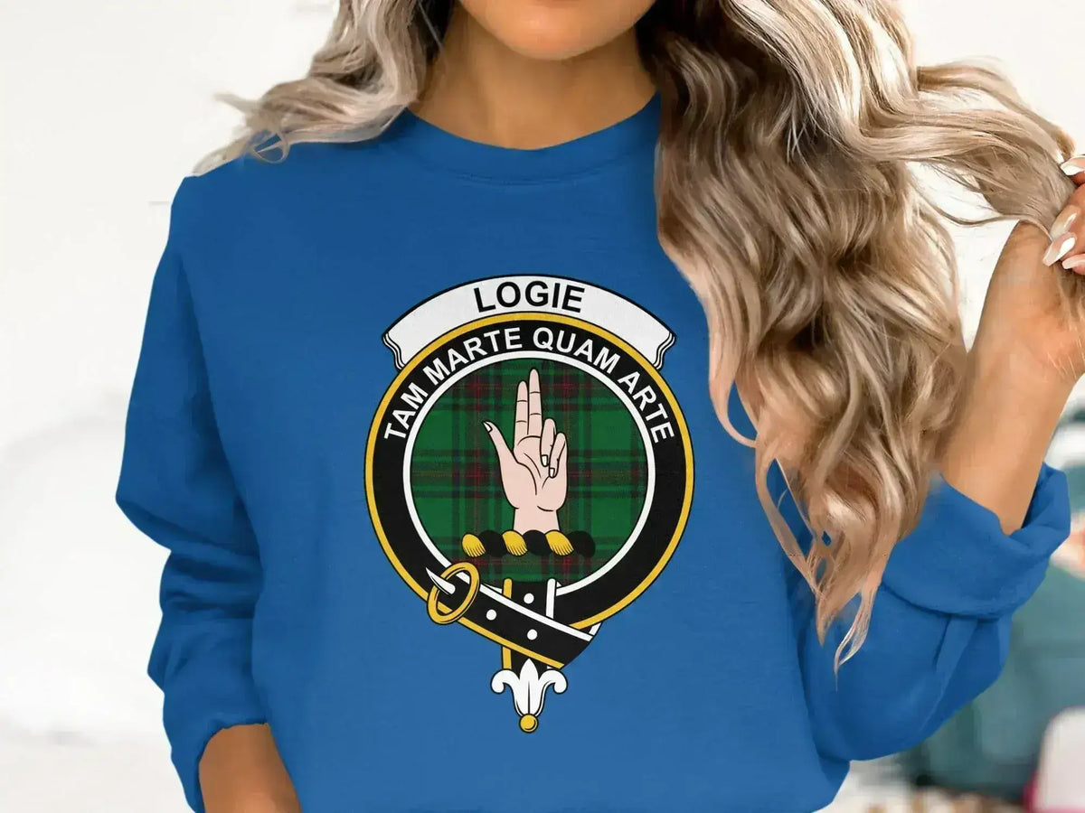 Logie clan crest sweatshirt with Tam Marte Quam Arte motto and tartan design — alternate view