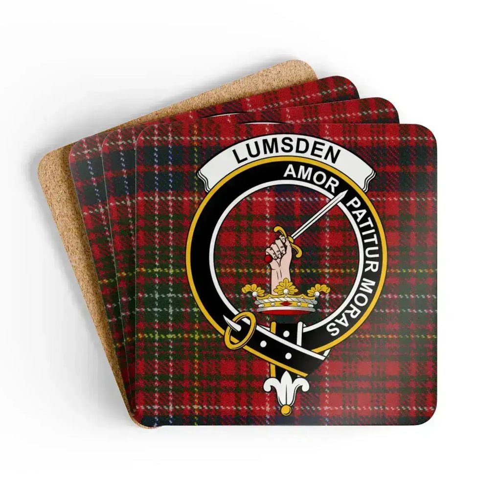 Clan Lumsden tartan crest coaster — Amor Patitur Moras on 3.75 inch square cork coaster