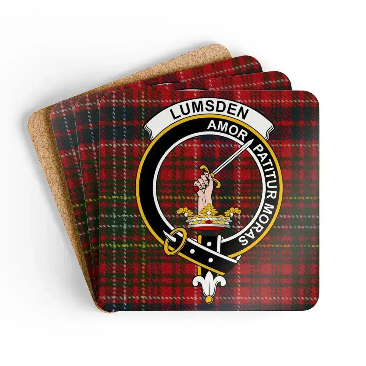 Clan Lumsden tartan crest coaster — Amor Patitur Moras on 3.75 inch square cork coaster