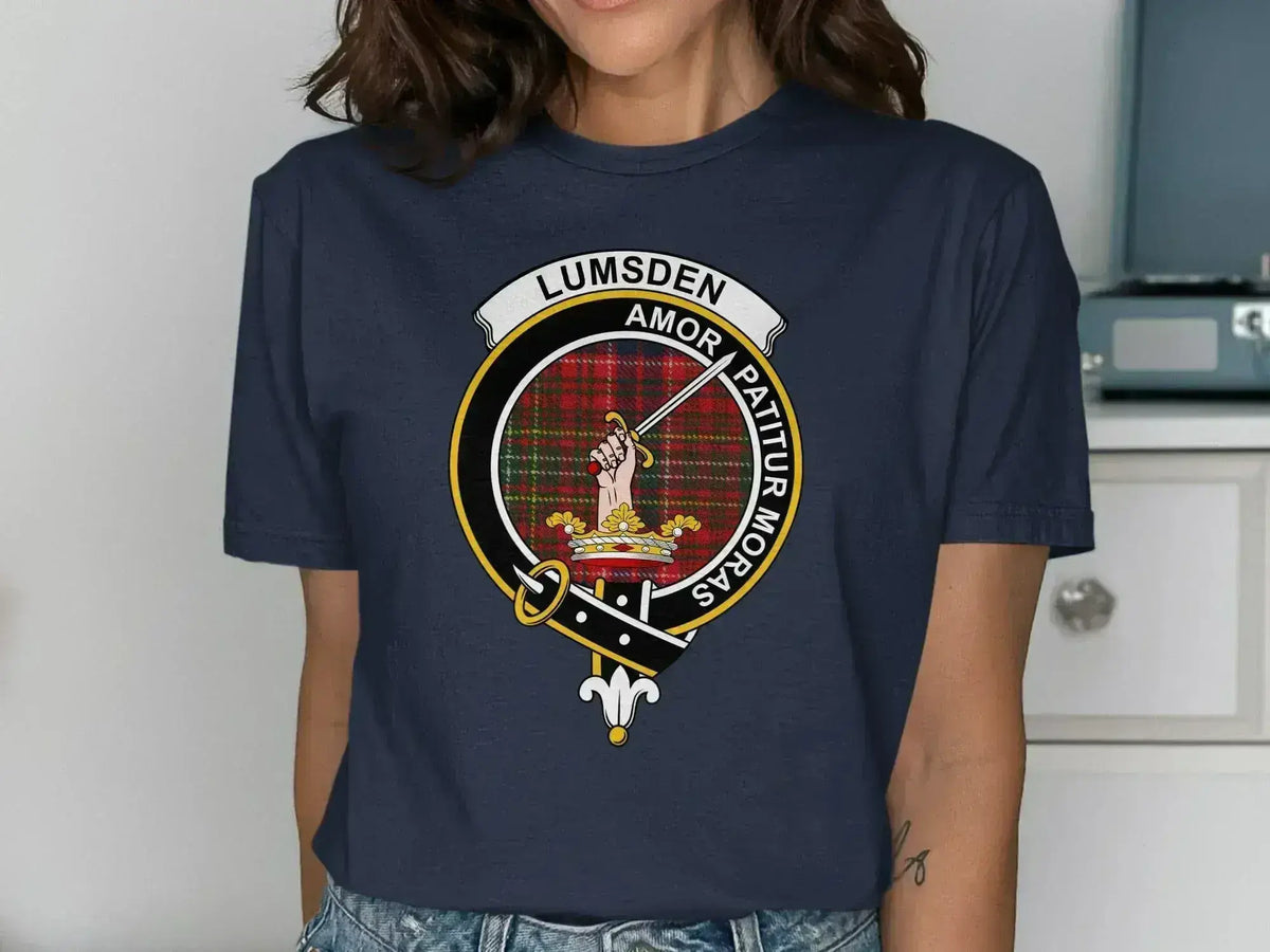 Lumsden Amor Patitur Moras crest t-shirt — royal blue with printed clan emblem, European fit