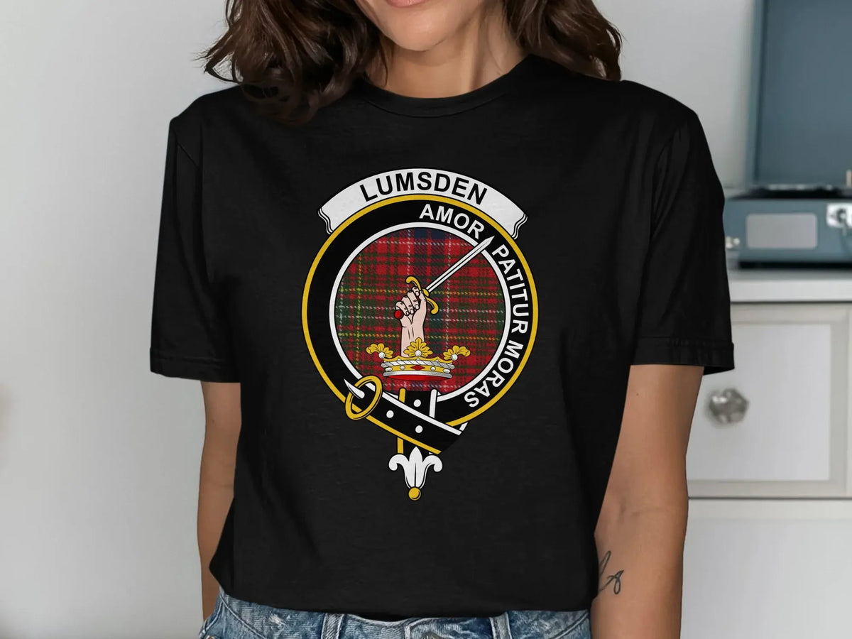 Lumsden tartan crest t-shirt — forest green with printed Amor Patitur Moras clan badge