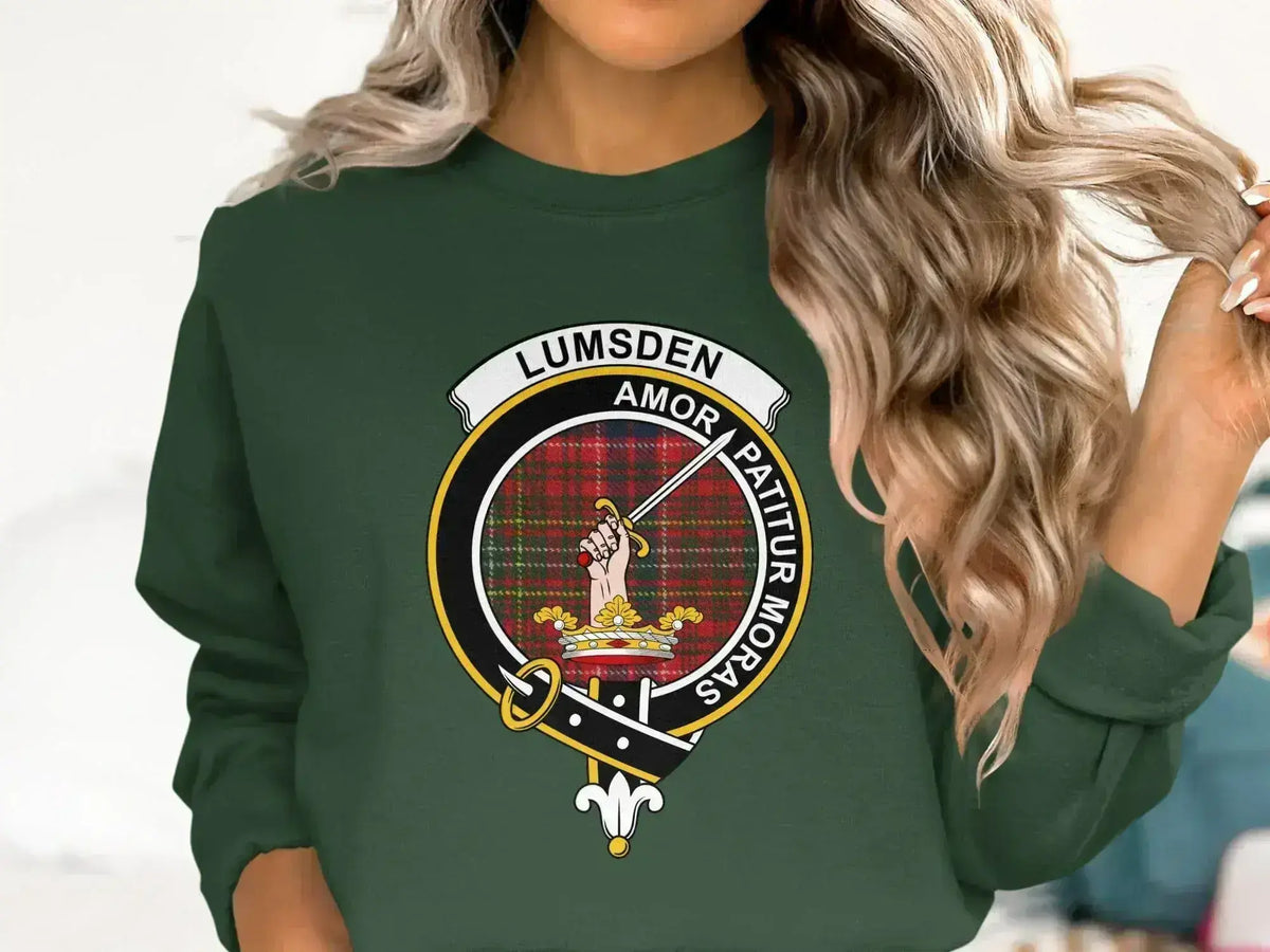 Lumsden Amor Patitur Moras clan crest sweatshirt — navy crewneck fleece with printed tartan design