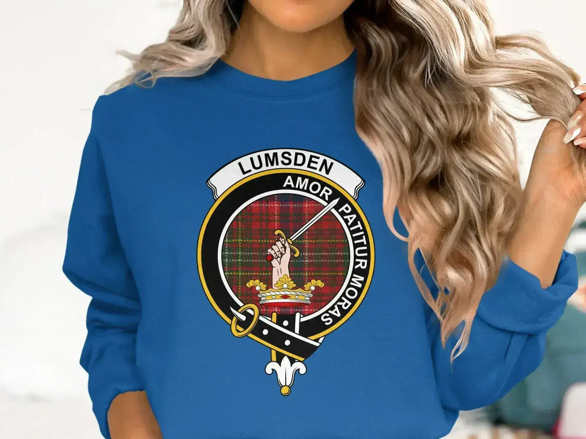 Lumsden Amor Patitur Moras sweatshirt — royal blue crewneck, printed heraldic emblem front and centre