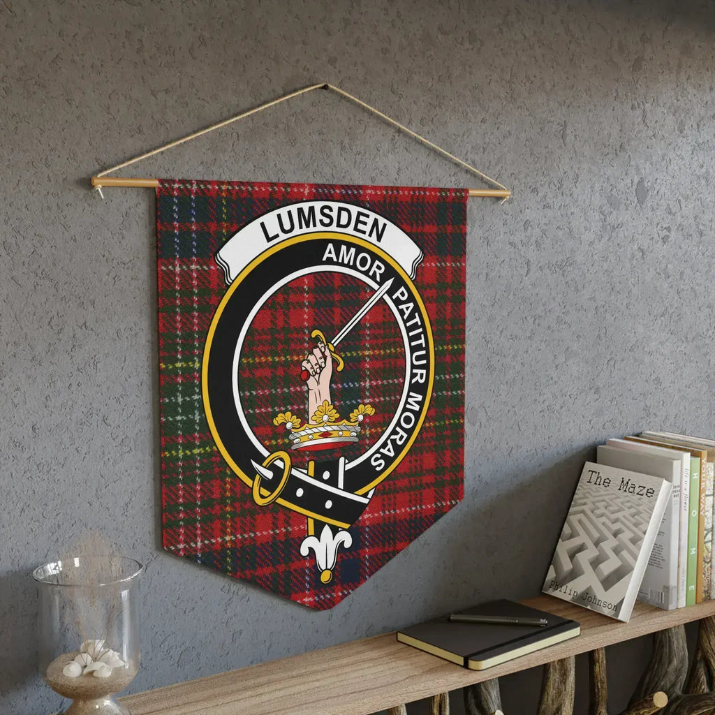 Clan Lumsden Scottish crest pennant — full colour red tartan print, laser-cut edges, ready to hang