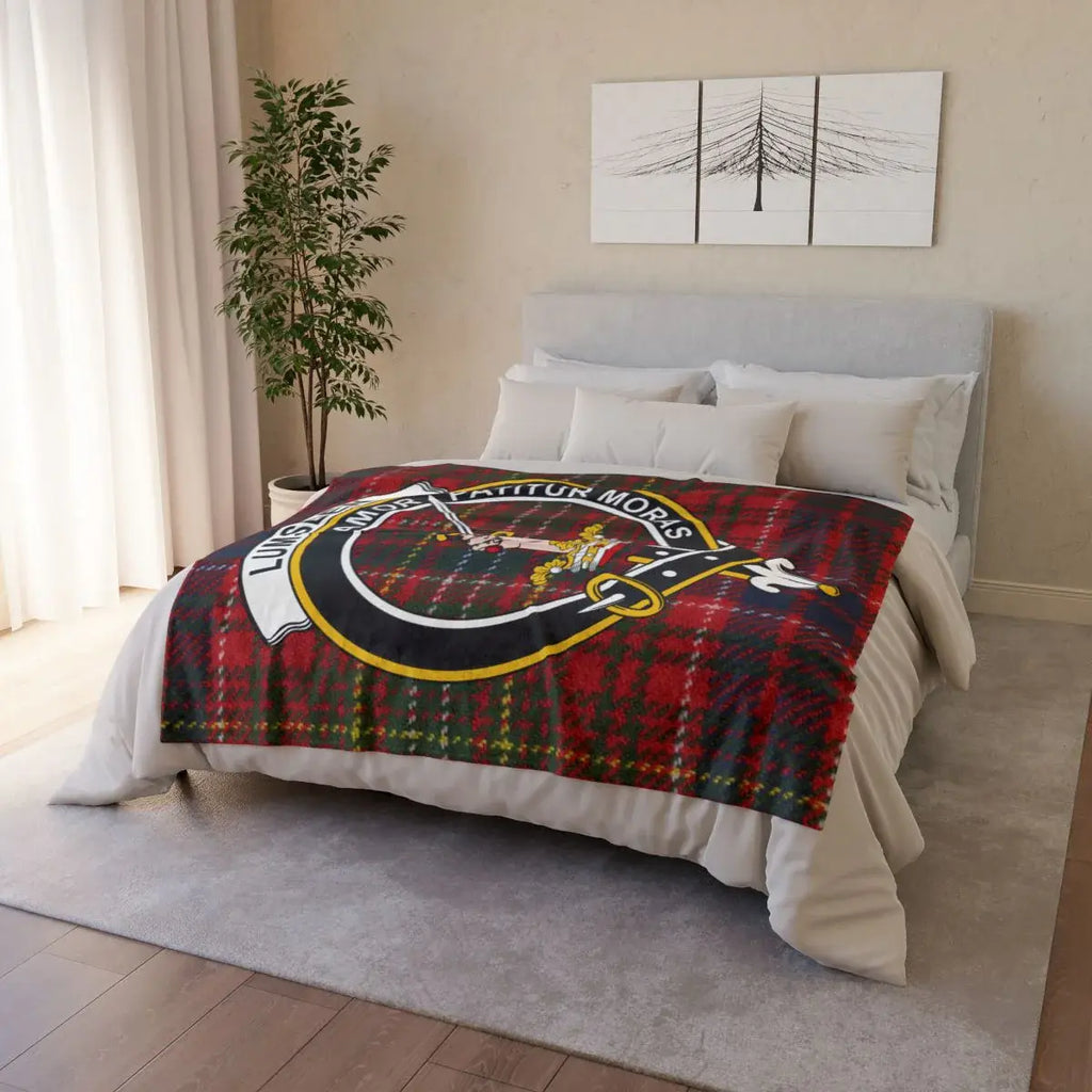 Clan Lumsden crest throw — draped view showing full red tartan and clan crest print, hemmed edges