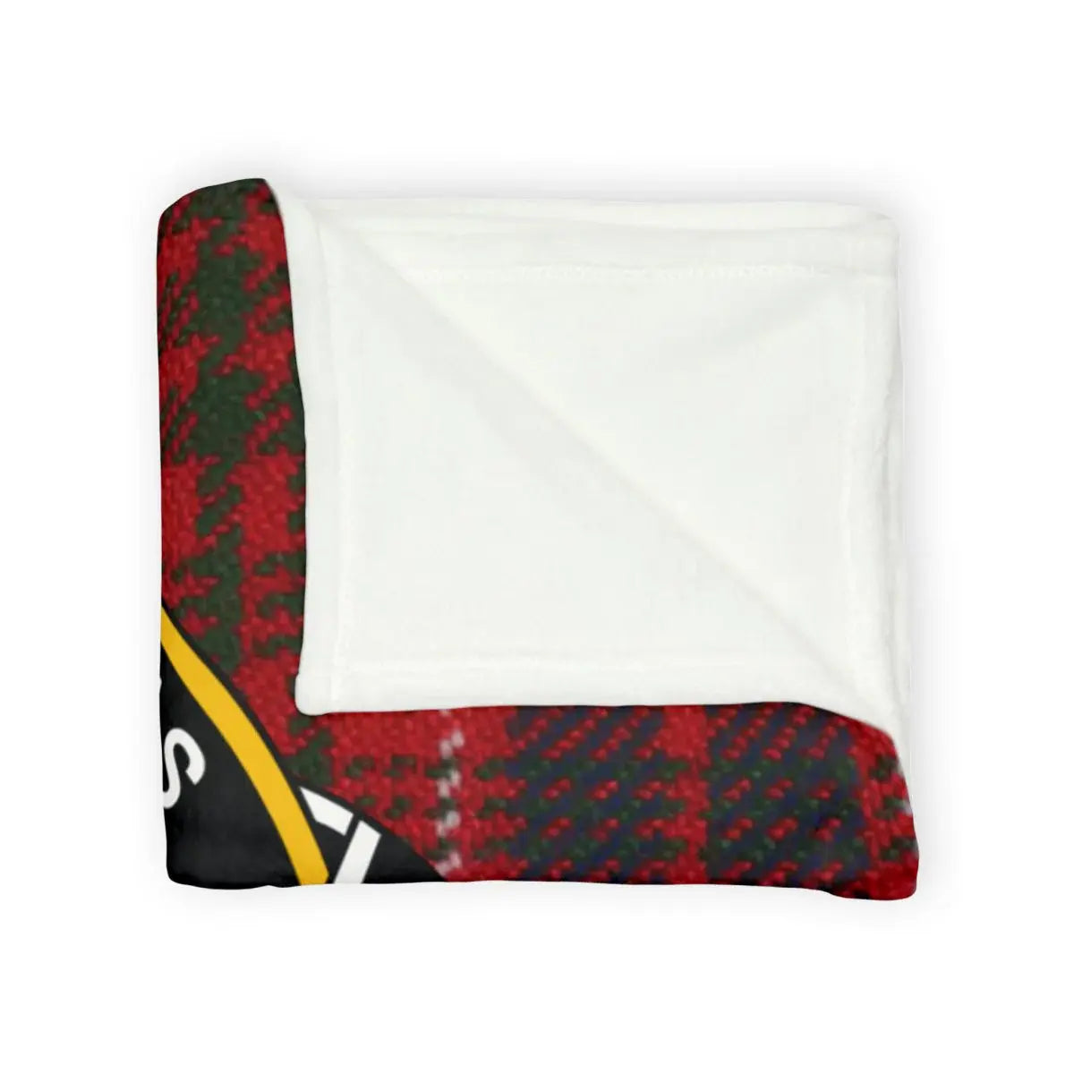 Clan Lumsden tartan throw blanket — colourway showing Amor Patitur Moras crest design, white reverse