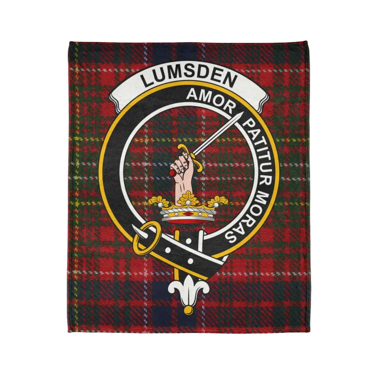 Clan Lumsden crest throw blanket — folded view showing red tartan pattern and Love Endures Delays motto