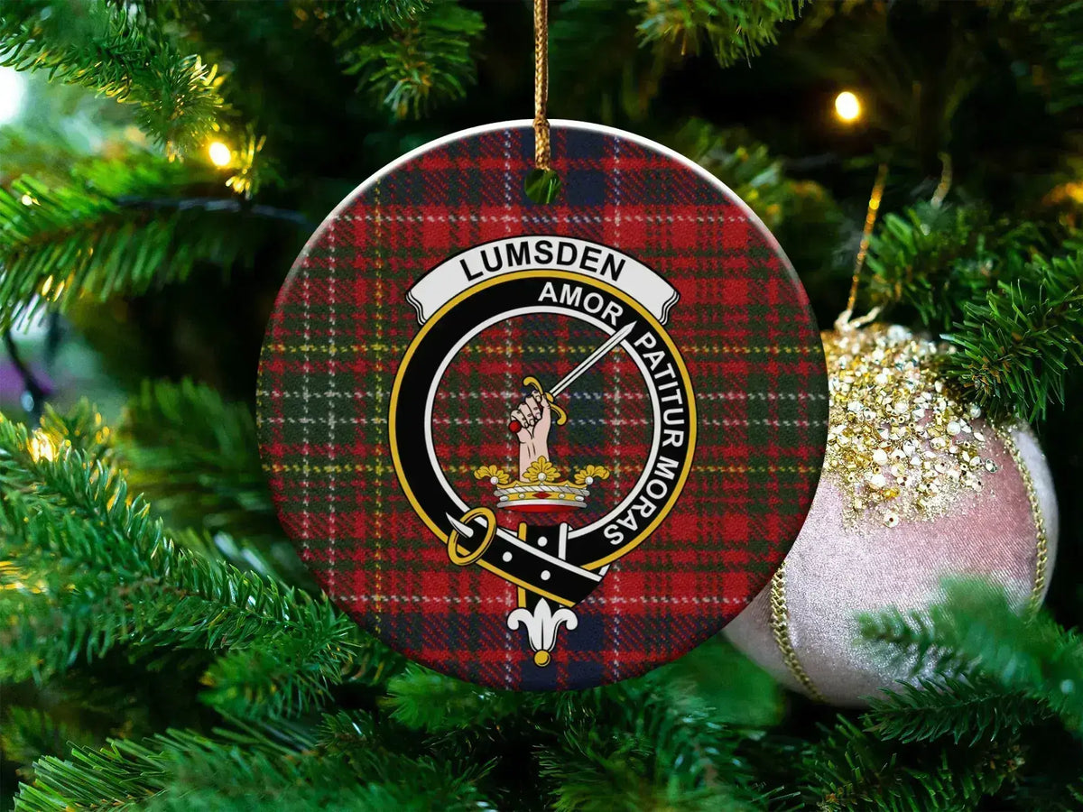 Clan Lumsden tartan crest ceramic ornament — 3 inch round, double-sided UV print with gold hanging string