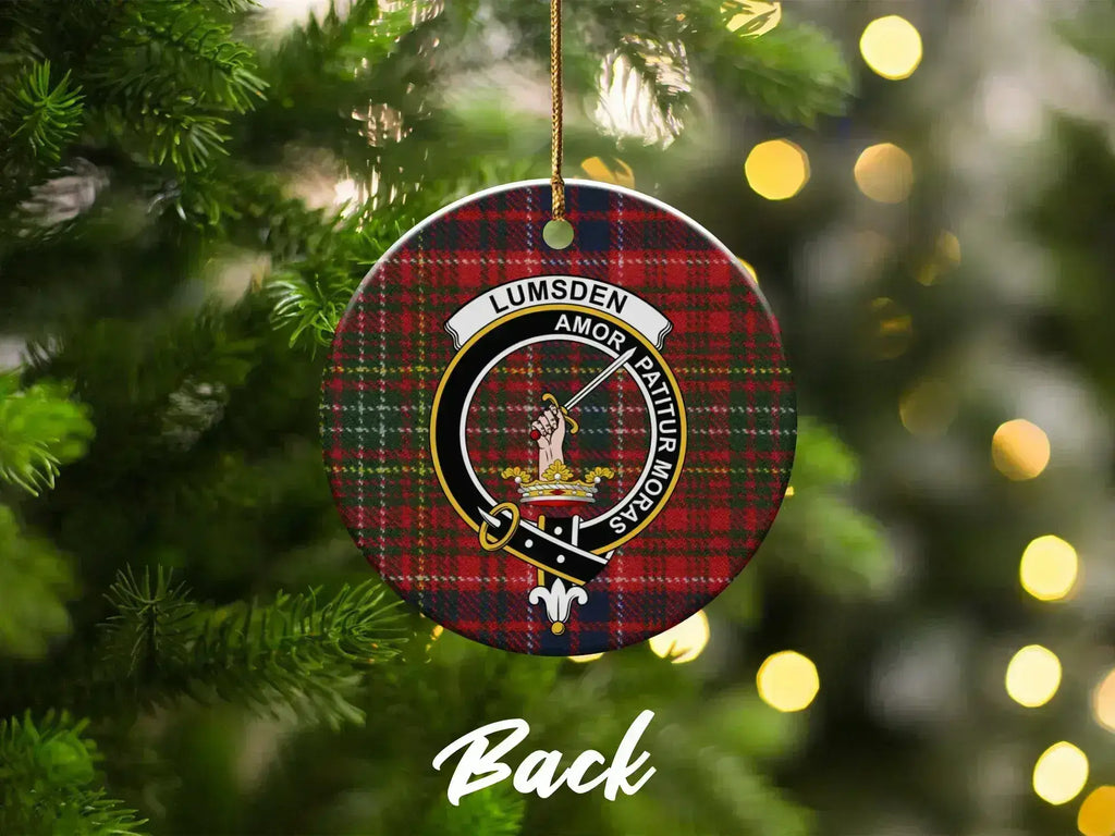 Clan Lumsden Amor Patitur Moras ornament — 3 inch ceramic, front face showing crest on tartan background
