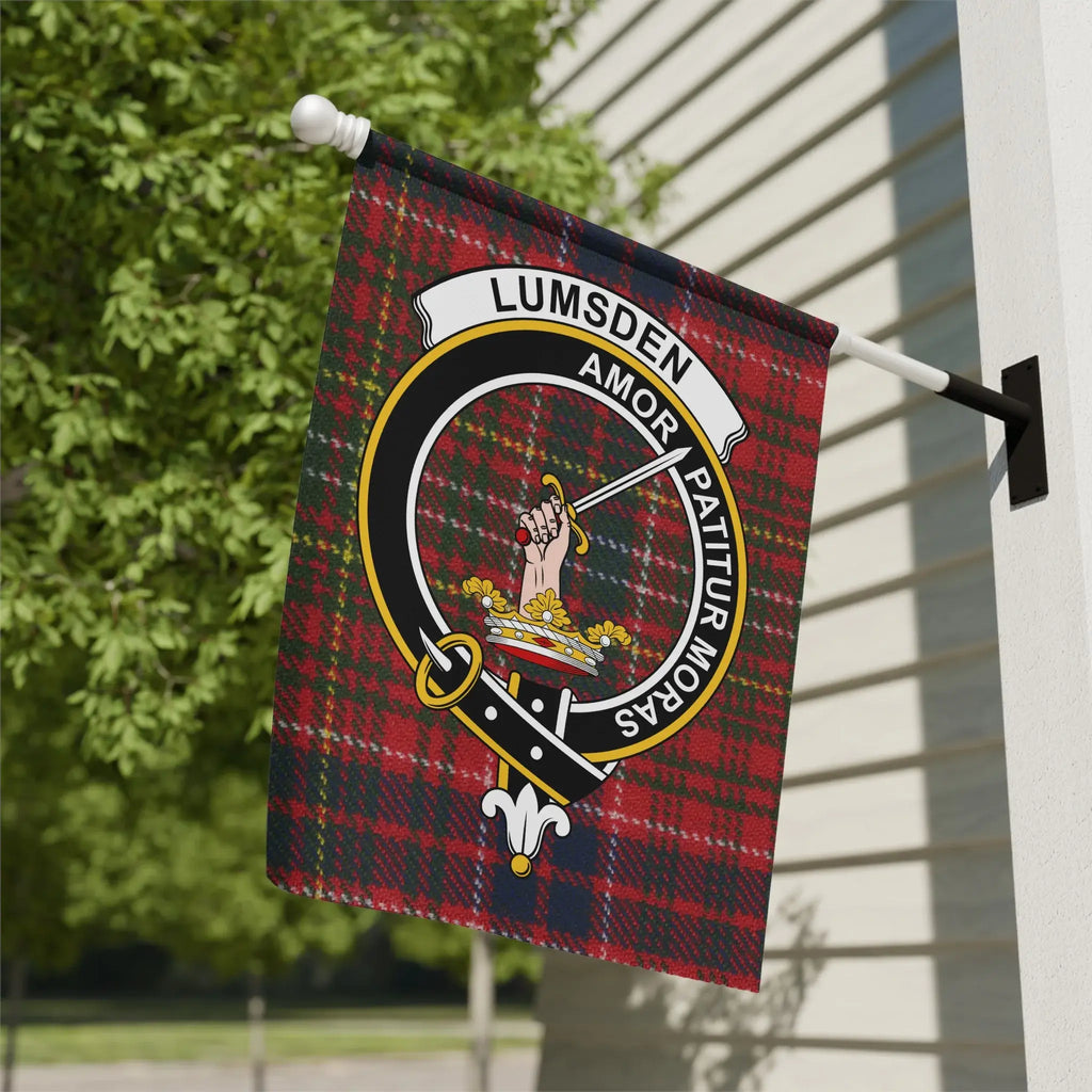 Clan Lumsden tartan garden flag — Amor Patitur Moras crest design, 12x18 inch poly poplin-canvas