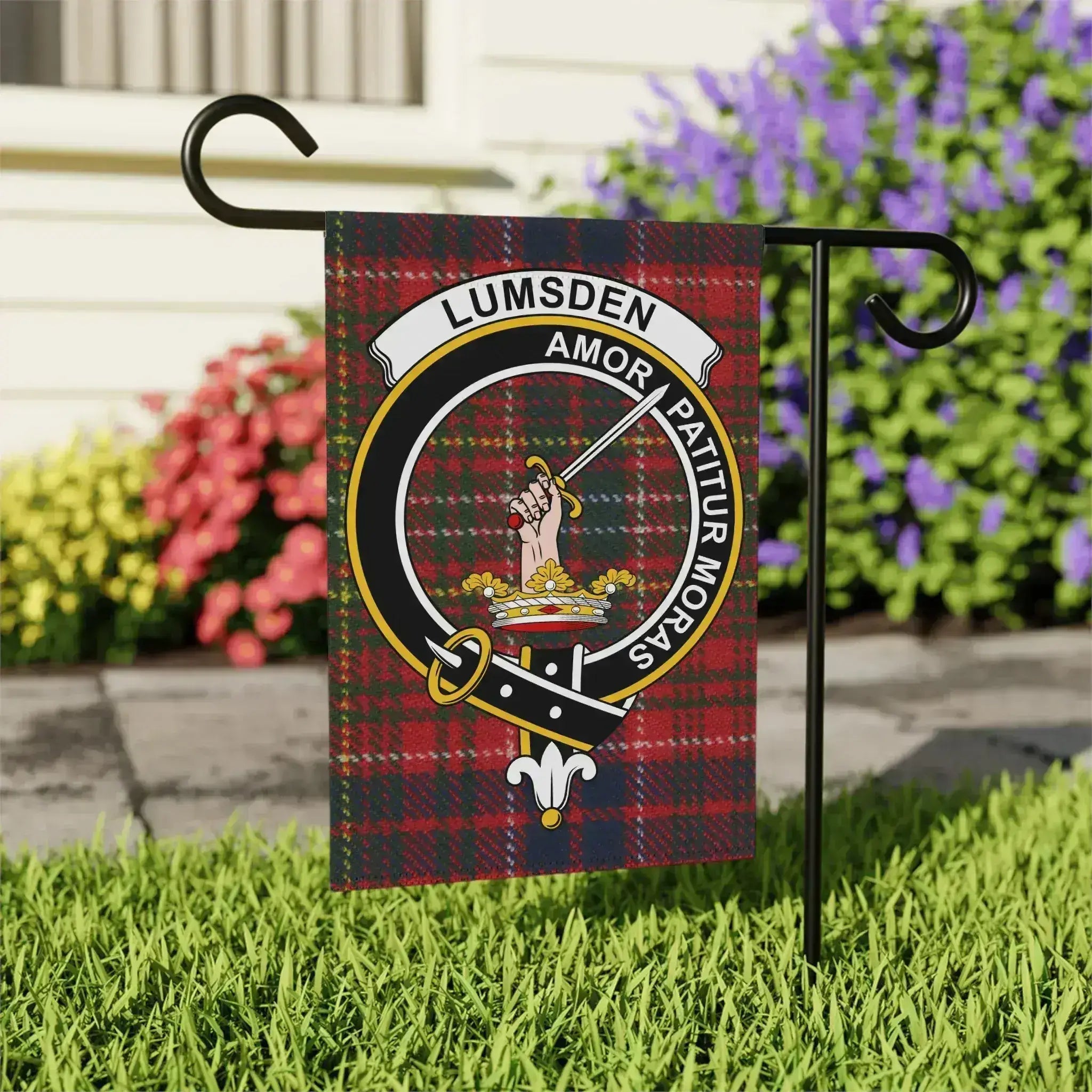 Clan Lumsden crest garden flag — full colour red tartan print, 24.5x32 inch larger display size