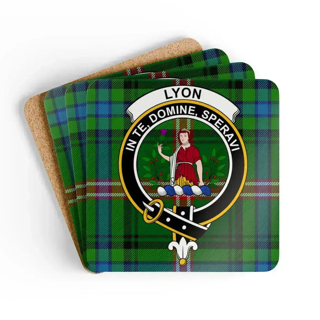 Clan Lyon tartan crest coaster — In Te Domine Speravi on 3.75 inch square cork coaster
