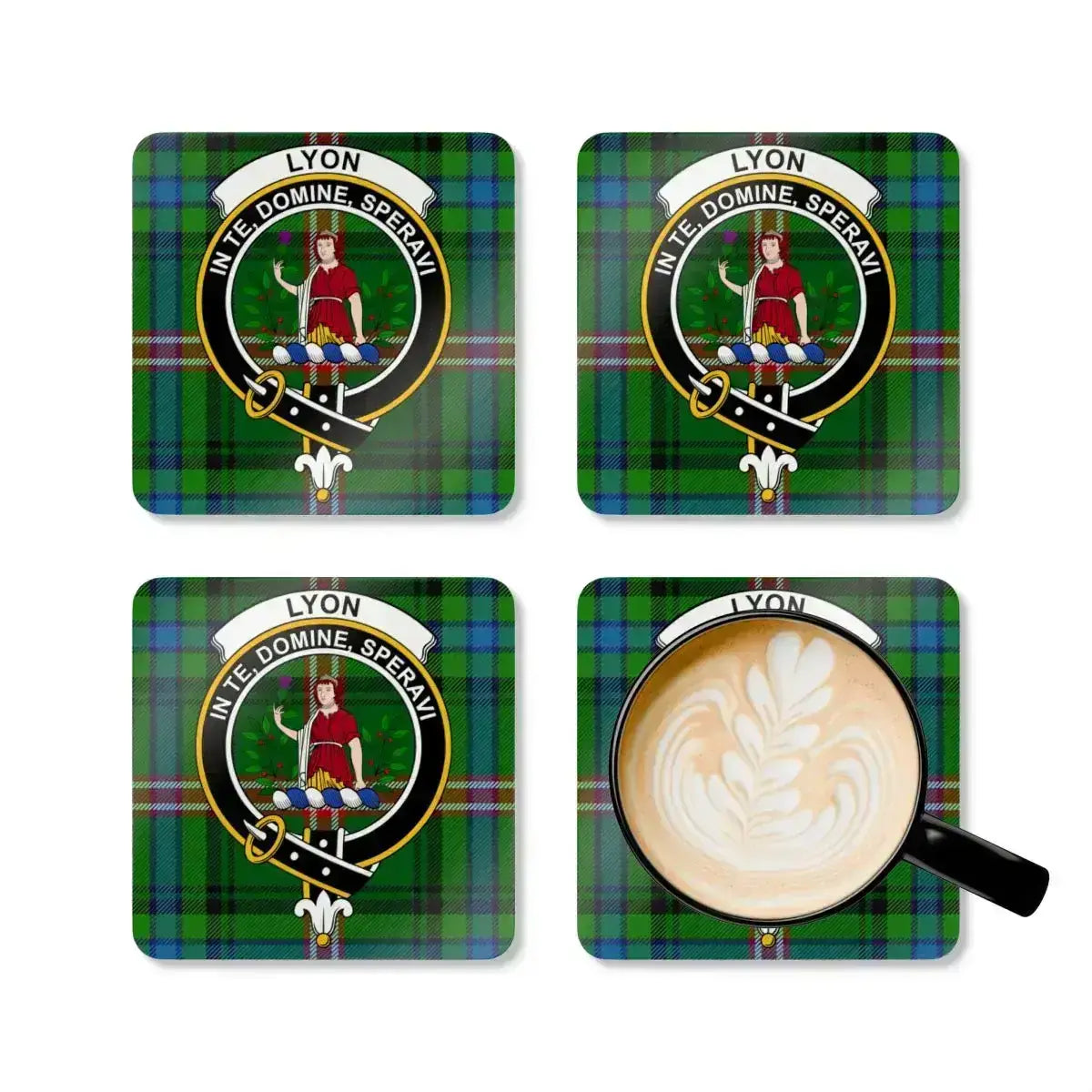 Clan Lyon In Te Domine Speravi coaster set — four square cork coasters with tartan crest print
