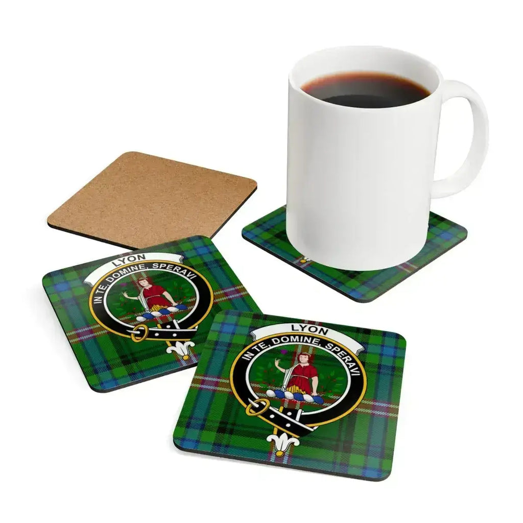 Clan Lyon tartan coaster — glossy full colour crest design on square cork base