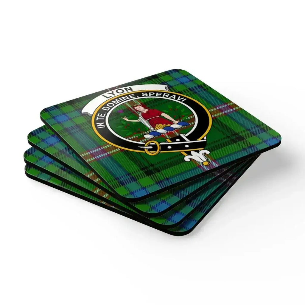 Clan Lyon crest coaster — In Te Domine Speravi motto on 3.75 inch square cork with glossy print