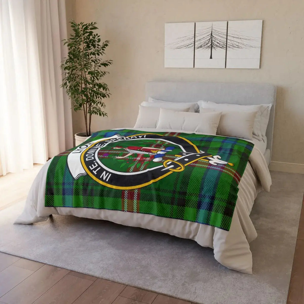 Clan Lyon crest throw — draped view showing full tartan and clan crest print, hemmed edges