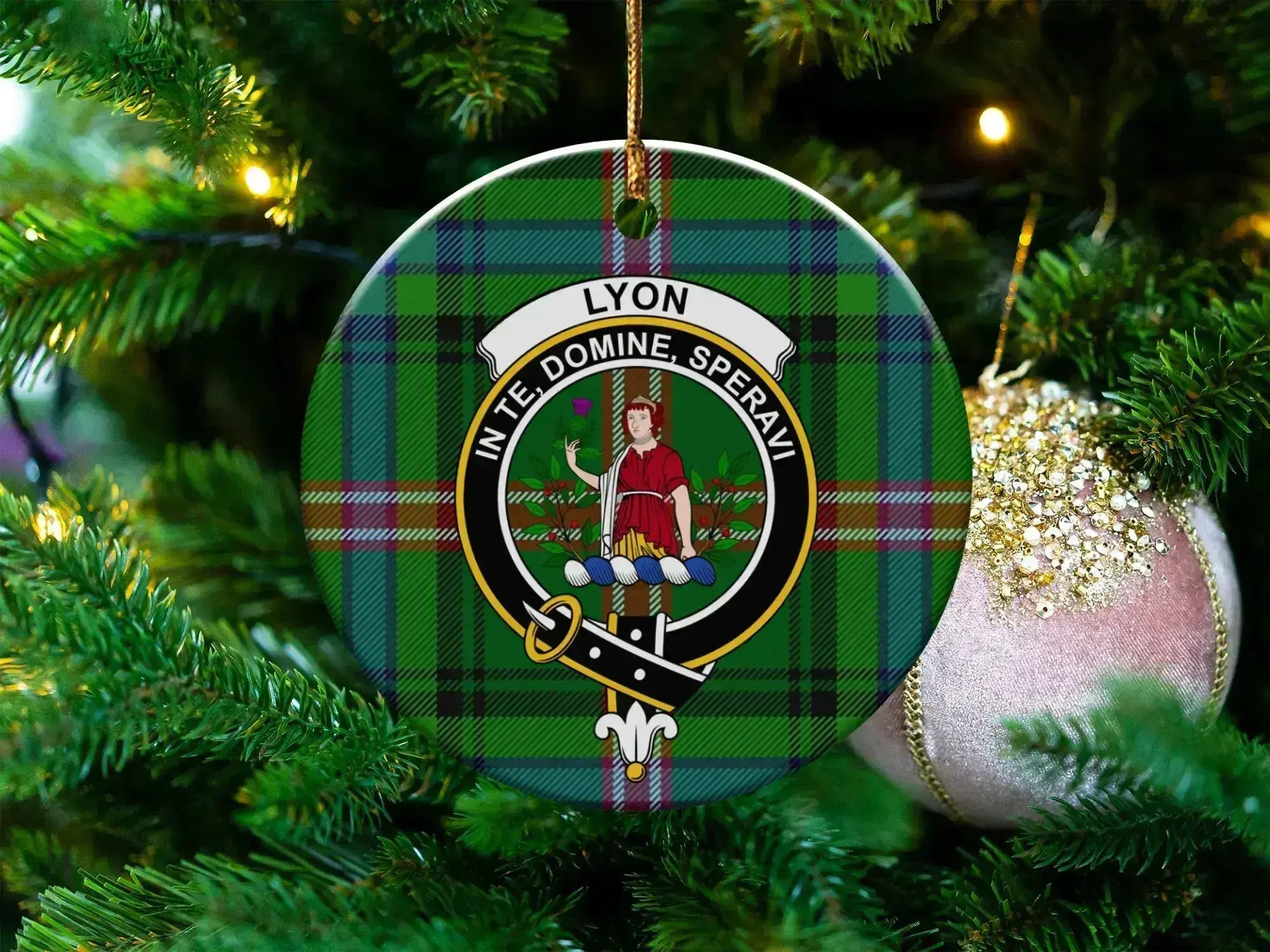 Clan Lyon tartan crest ceramic ornament — 3 inch round, double-sided UV print with gold hanging string