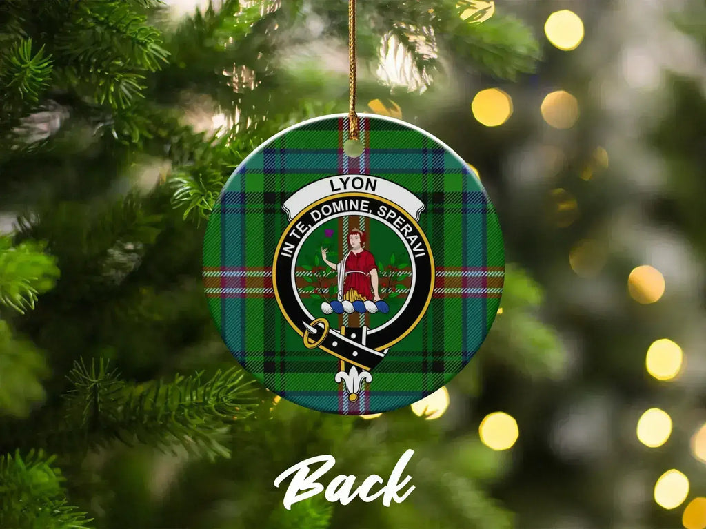 Clan Lyon tartan crest ornament — hanging on Christmas tree, ceramic double-sided print