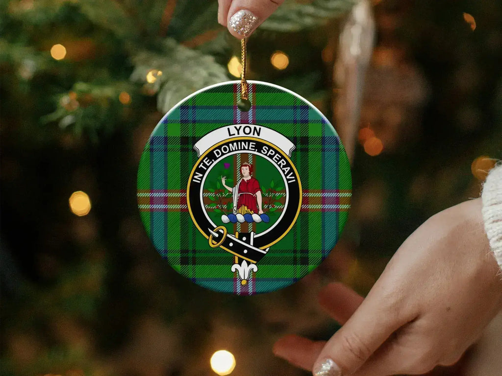 Clan Lyon ceramic ornament — 3 inch diameter showing In Te Domine Speravi crest and tartan design