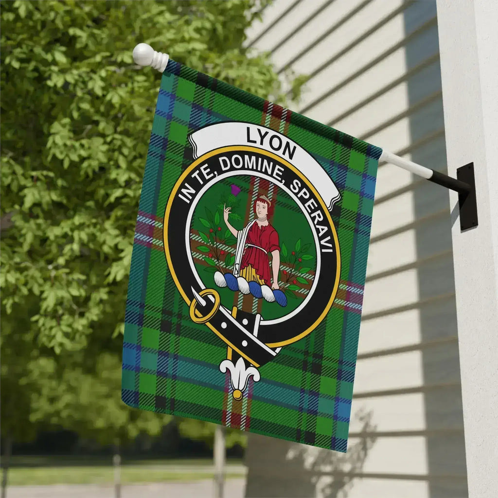 Clan Lyon tartan garden flag — In Te Domine Speravi crest design, 12x18 inch poly poplin-canvas