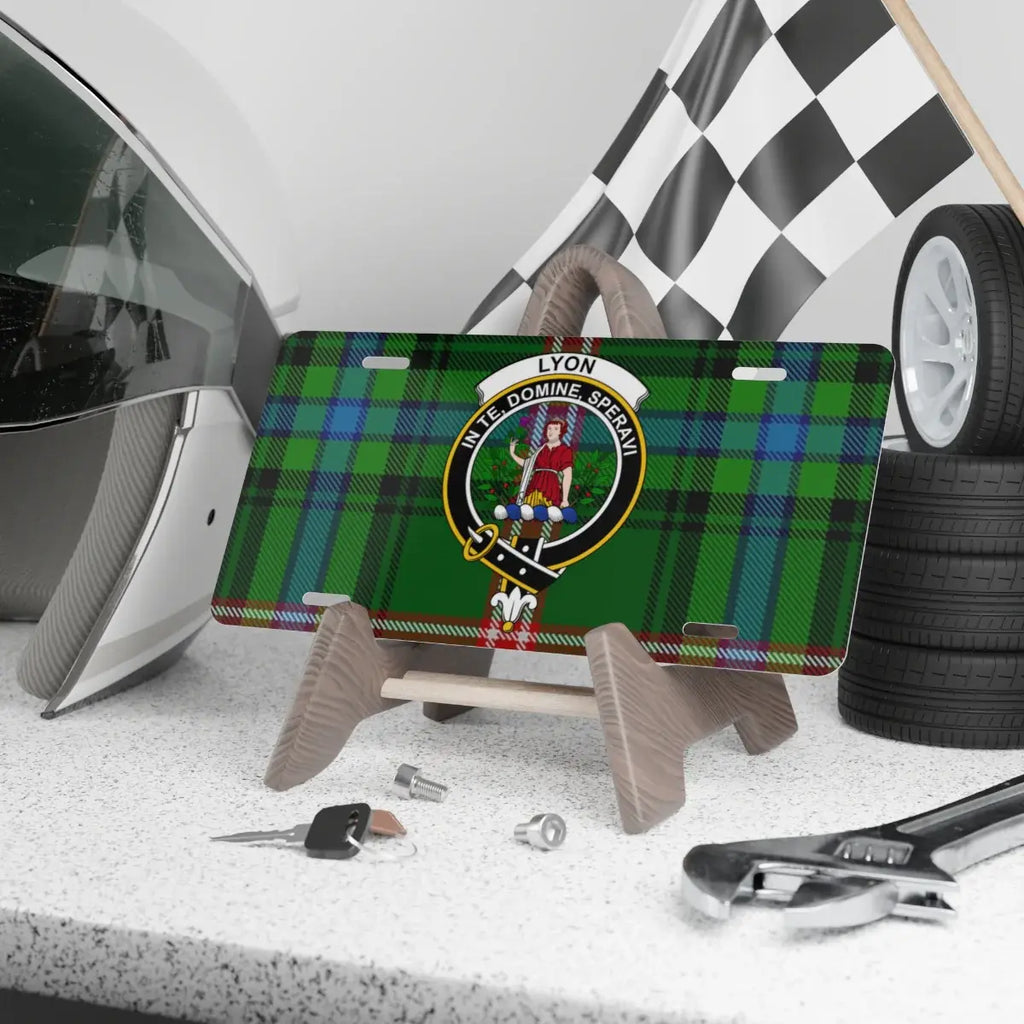 Clan Lyon tartan crest novelty license plate — In Te Domine Speravi design, 12x6 inch aluminium