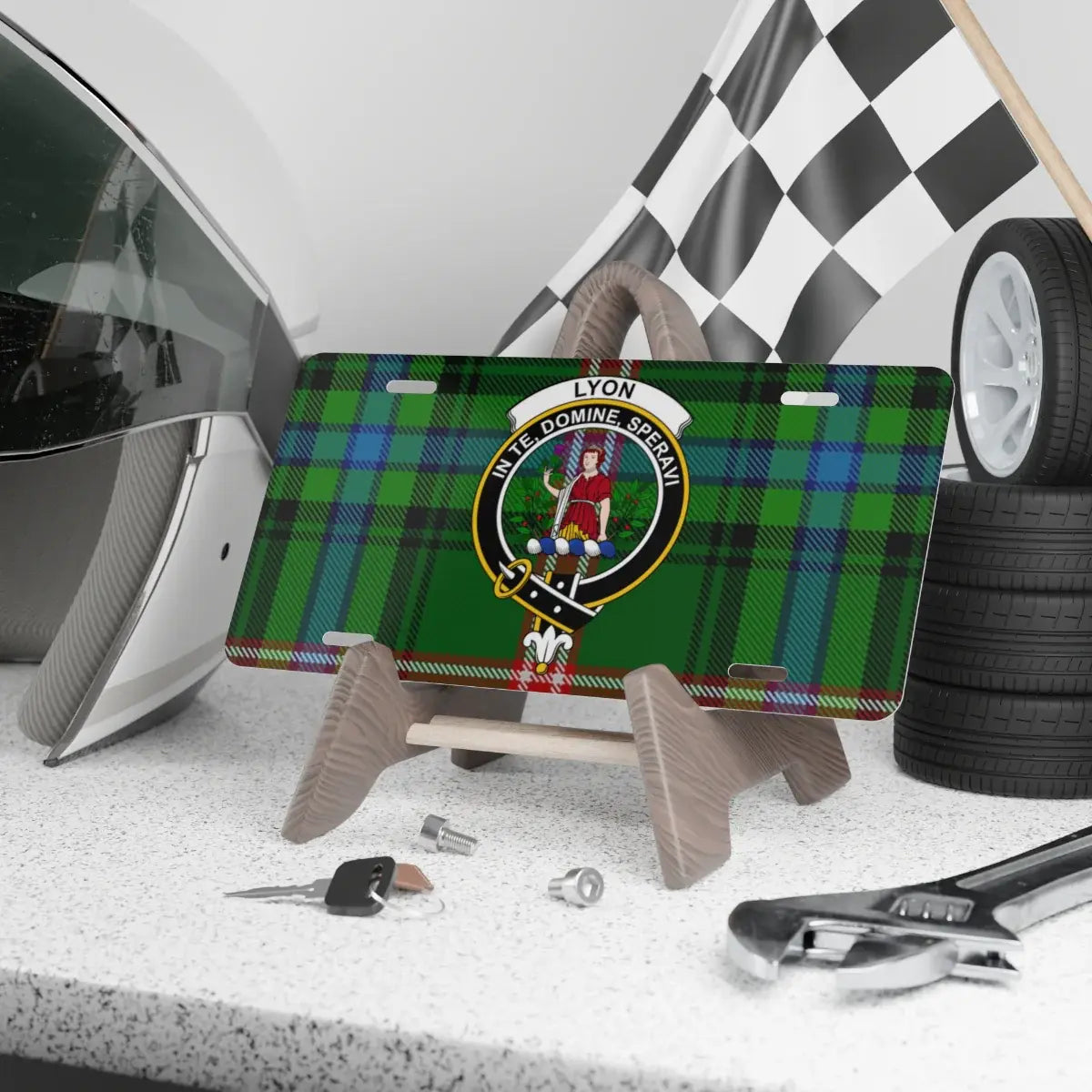 Clan Lyon tartan crest novelty license plate — In Te Domine Speravi design, 12x6 inch aluminium