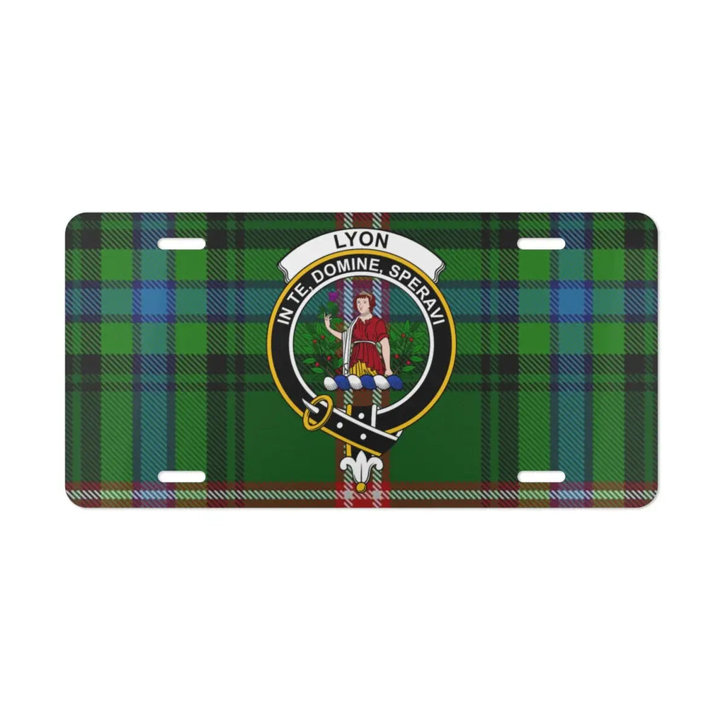 Clan Lyon tartan crest novelty plate — standard 12x6 inch size shown on vehicle display