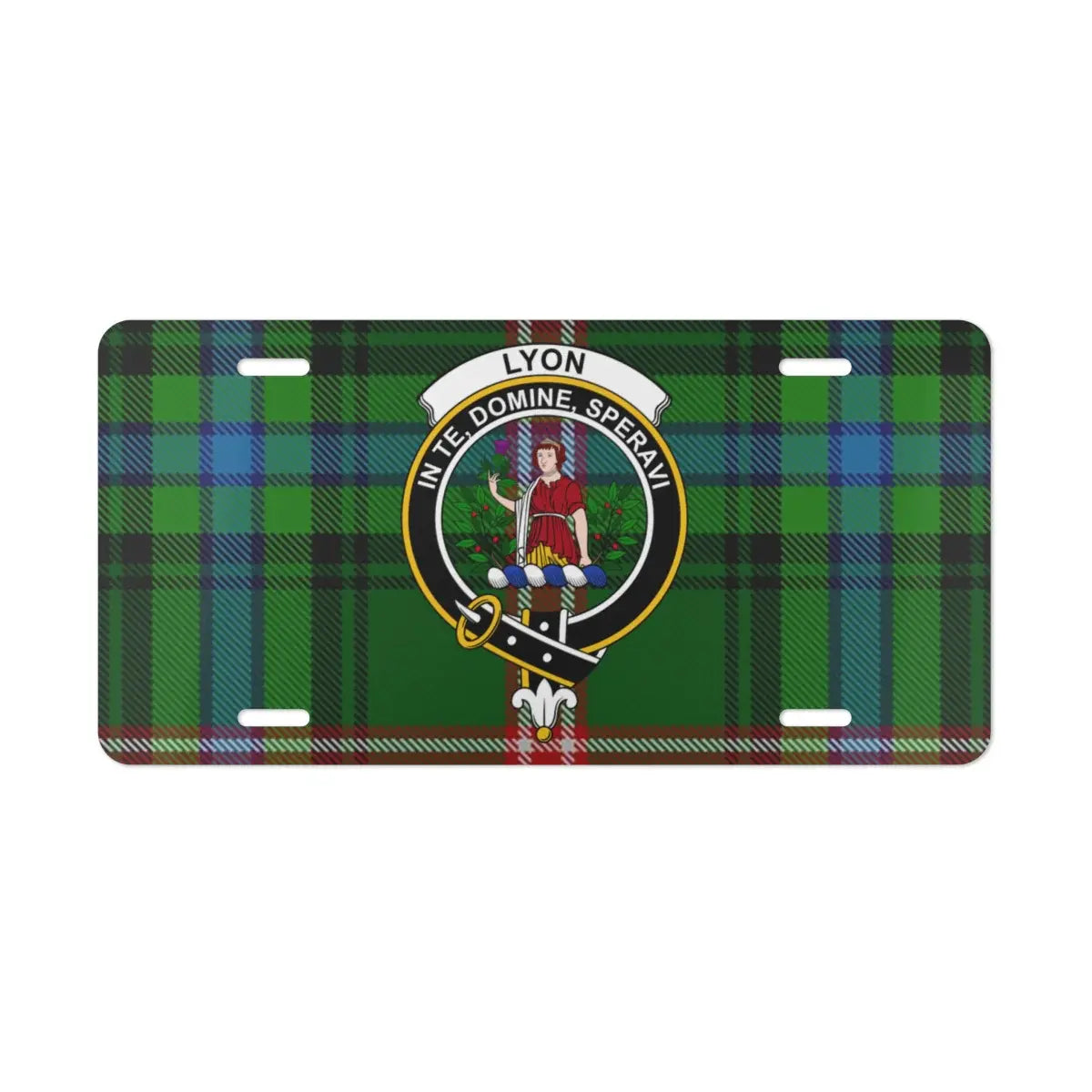 Clan Lyon tartan crest novelty plate — standard 12x6 inch size shown on vehicle display