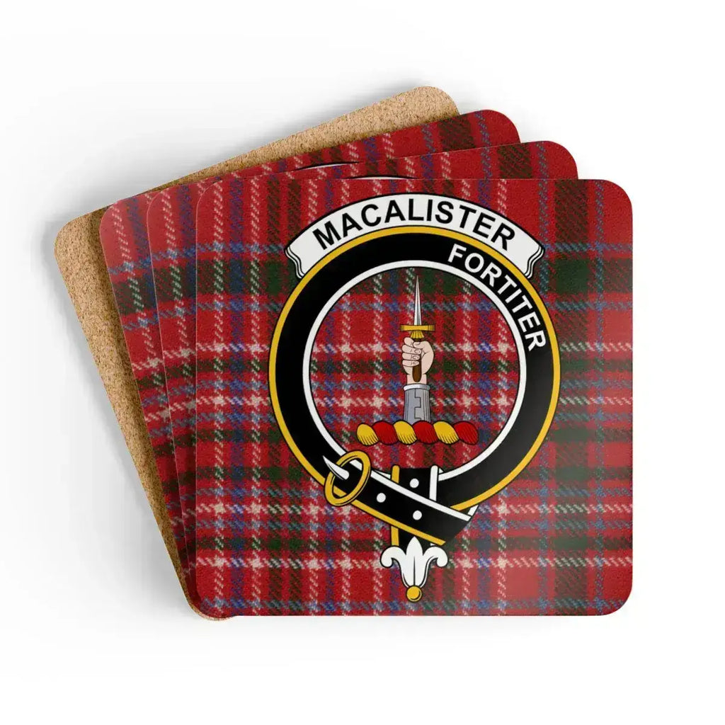 MacAlister Fortiter tartan design coaster set of 4 — natural cork squares with sealed clan crest