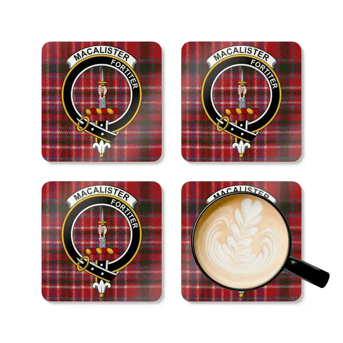 MacAlister Fortiter crest red plaid drink coasters — four cork coasters with heraldic design