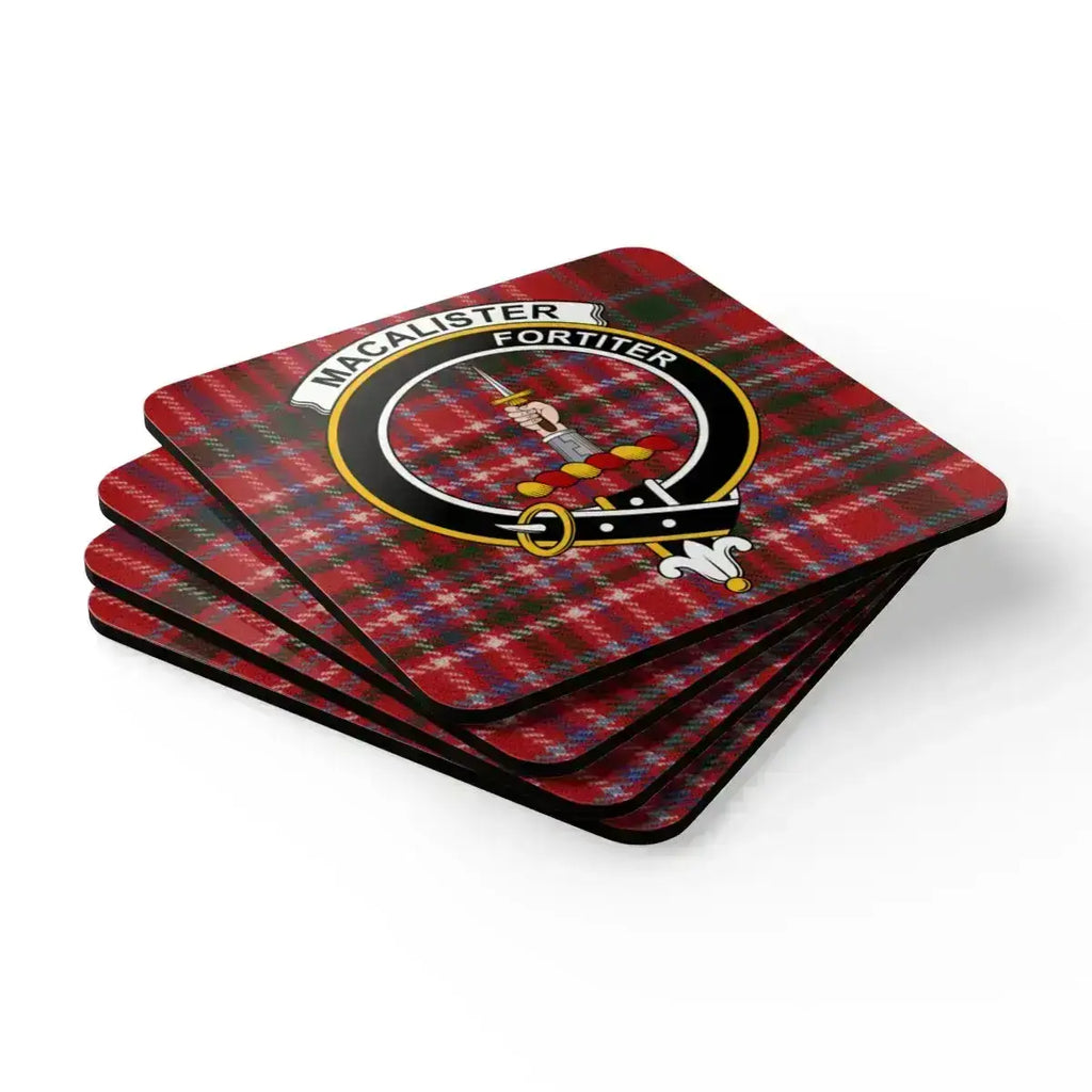 MacAlister clan crest red plaid square coasters — natural cork base, glossy sealed print