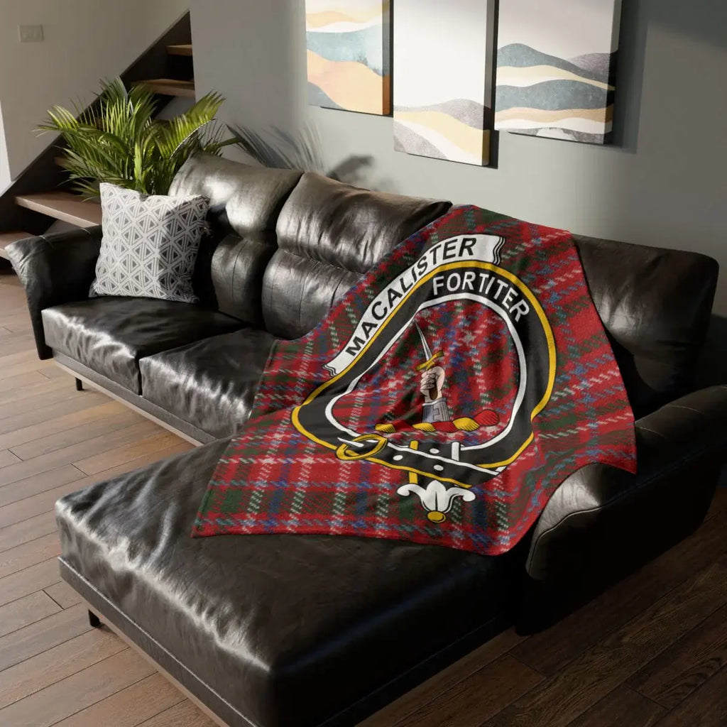 MacAlister Fortiter plaid crest throw blanket — 50x60 polyester with hand and dagger clan design