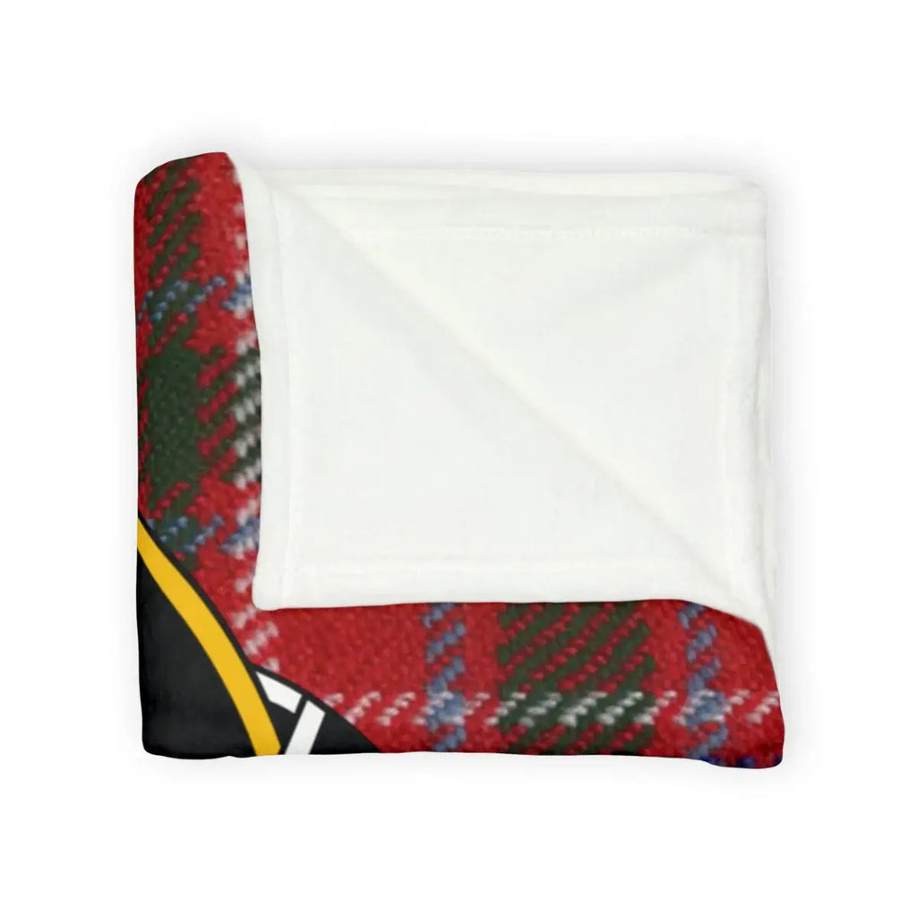 MacAlister clan crest throw blanket laid flat — red tartan plaid on 100% polyester