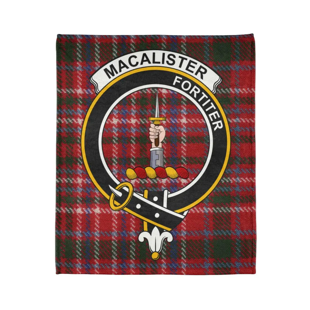 MacAlister Fortiter red tartan blanket design throw — Boldly clan crest on 50x60 polyester