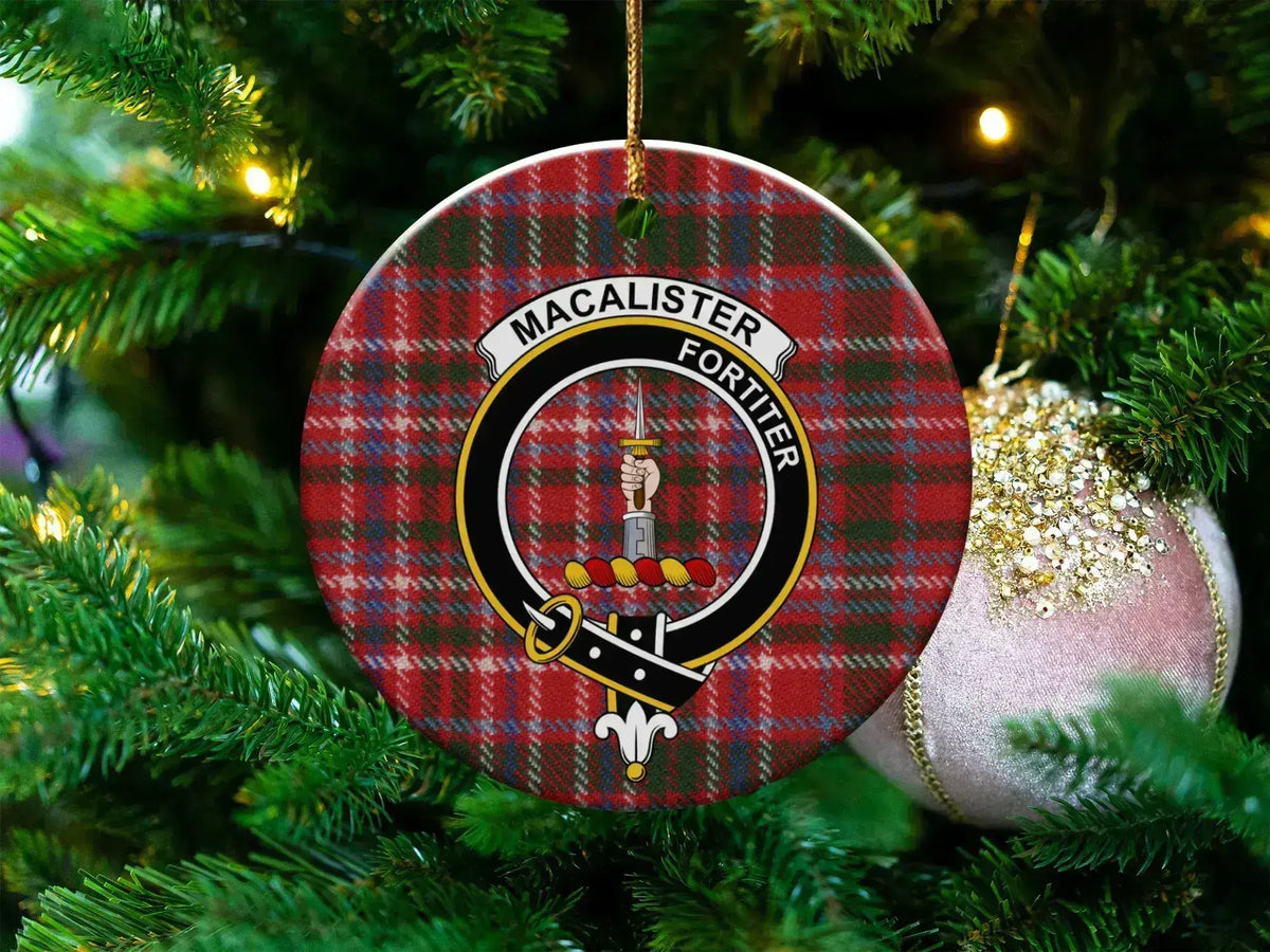 MacAlister Fortiter red tartan Christmas tree ornament — 3-inch round glossy disc with clan crest