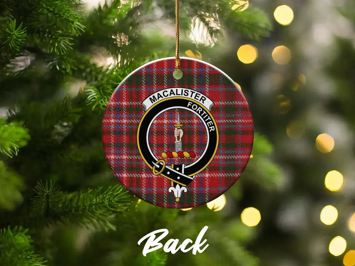 MacAlister Fortiter tartan Christmas tree ornament — double-sided glazed ceramic, 3-inch disc