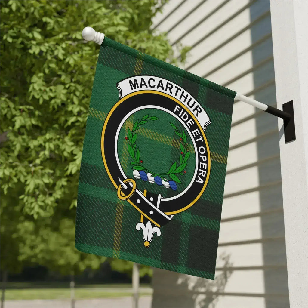 MacArthur clan crest tartan garden flag — Fide et Opera design on poly poplin-canvas, outdoor display