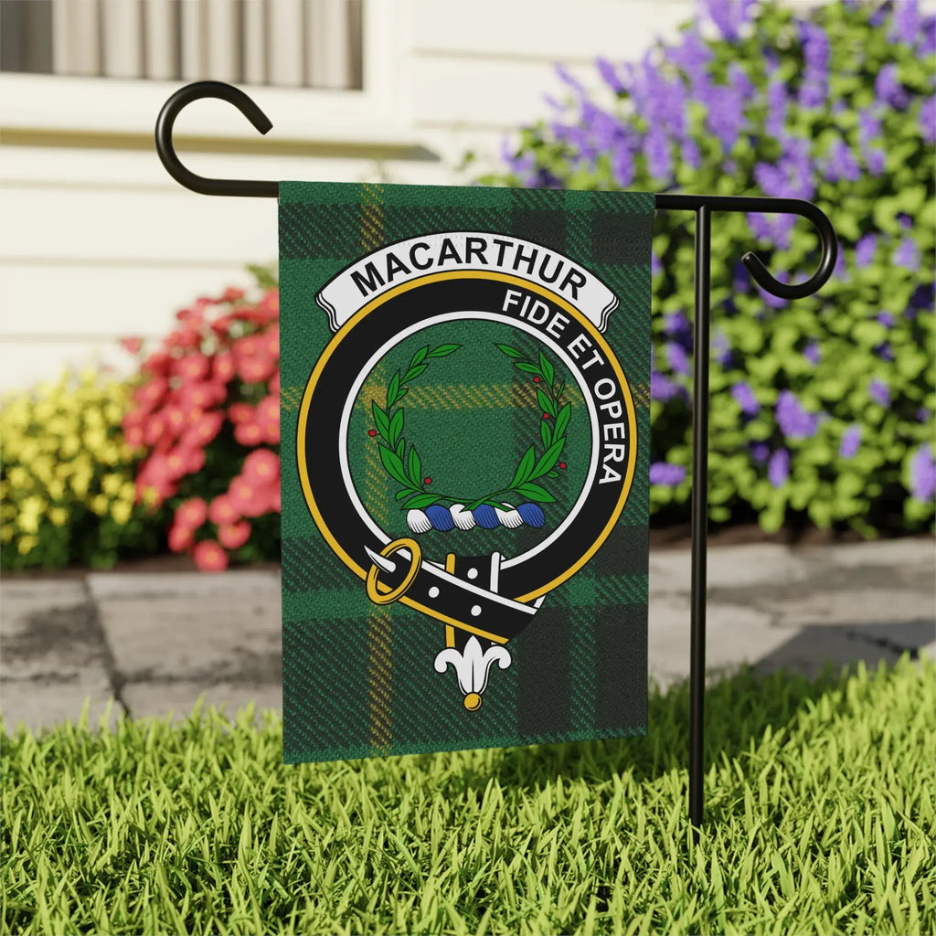 MacArthur clan tartan garden flag — clan crest on weather-resistant poly poplin-canvas