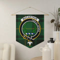 MacArthur clan crest tartan pennant — Fide et Opera wall hanging on polyester twill with wooden dowel